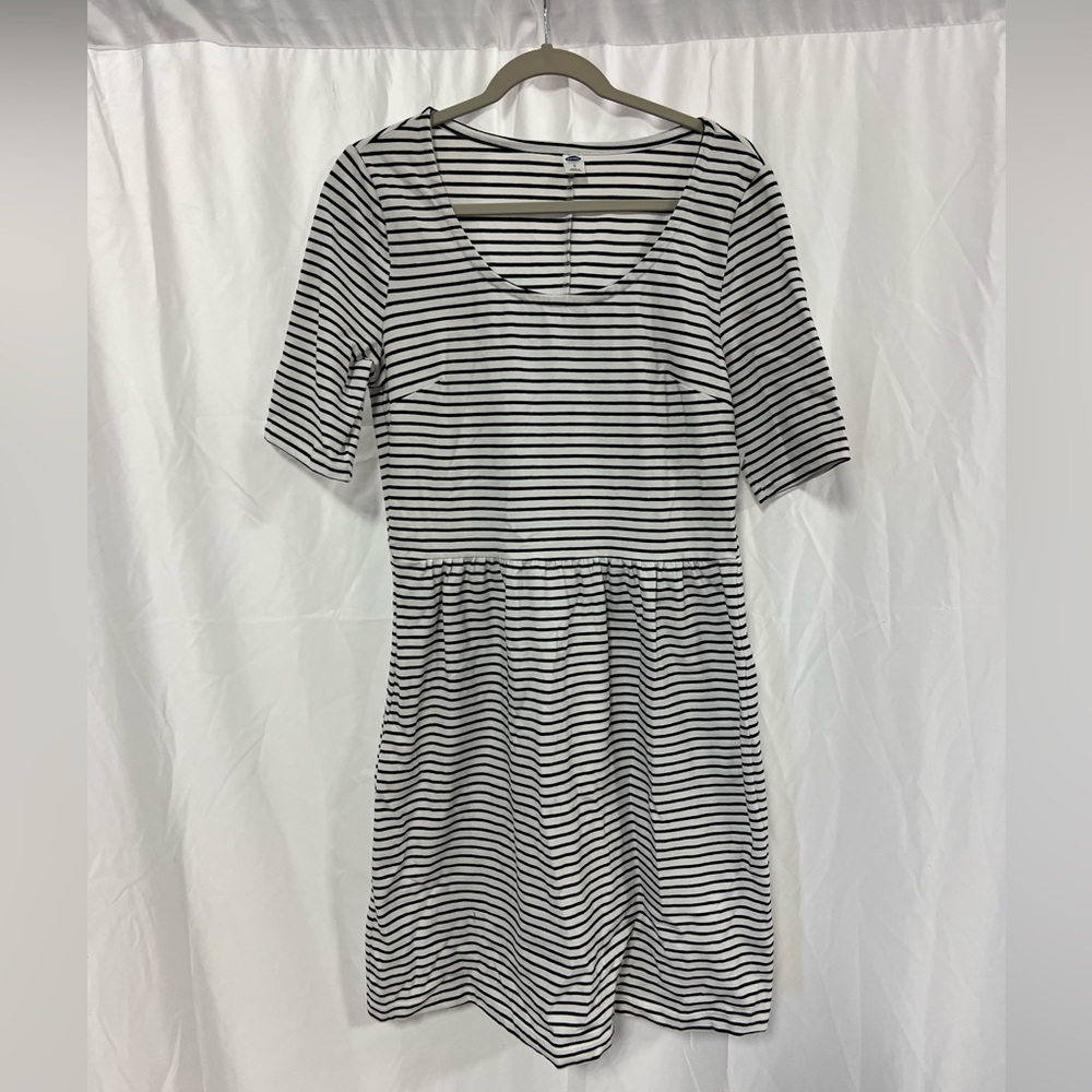 Old Navy Striped Dress Fit Flare Black White Short Sleeve Womens Size Large